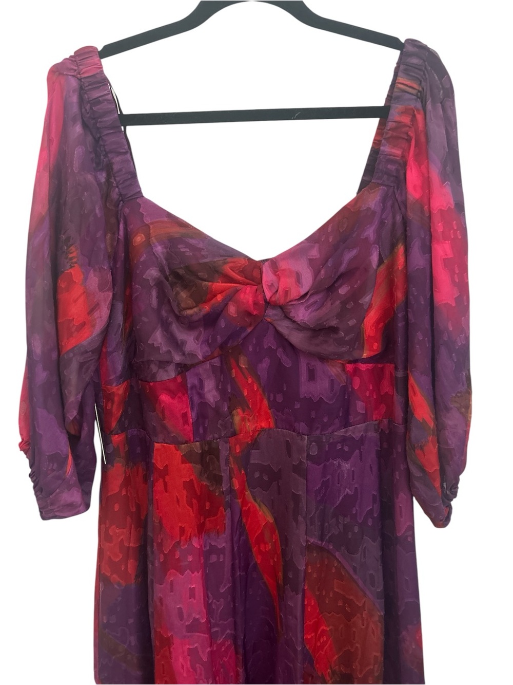 Hutch Printed Twist-Front Puff-Sleeve Ruffle-Hem Dress Purple Pink 1X NWT - Picture 5 of 8